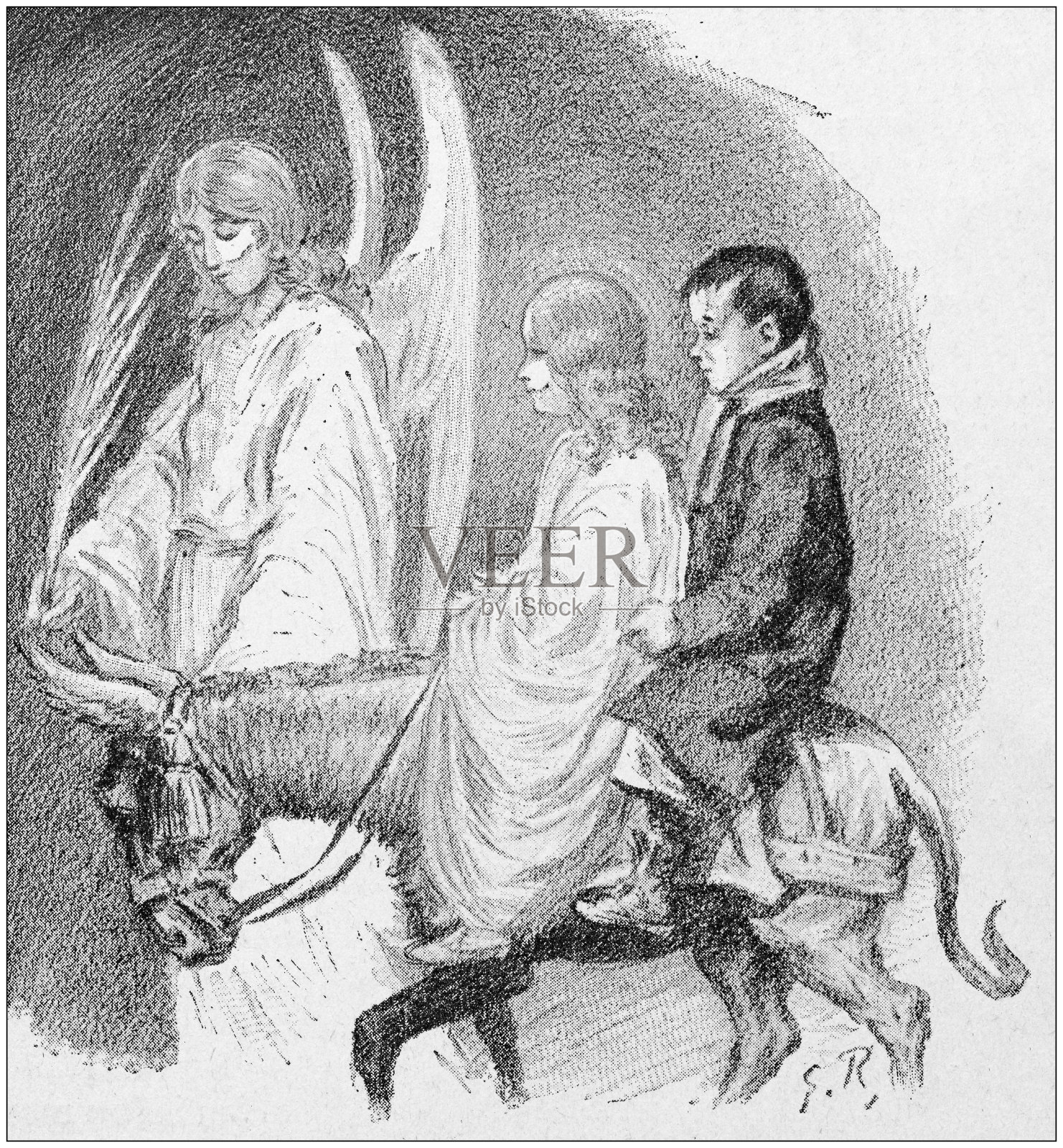 古董插图:圣诞故事，可怜的男孩帮助天使插画图片素材