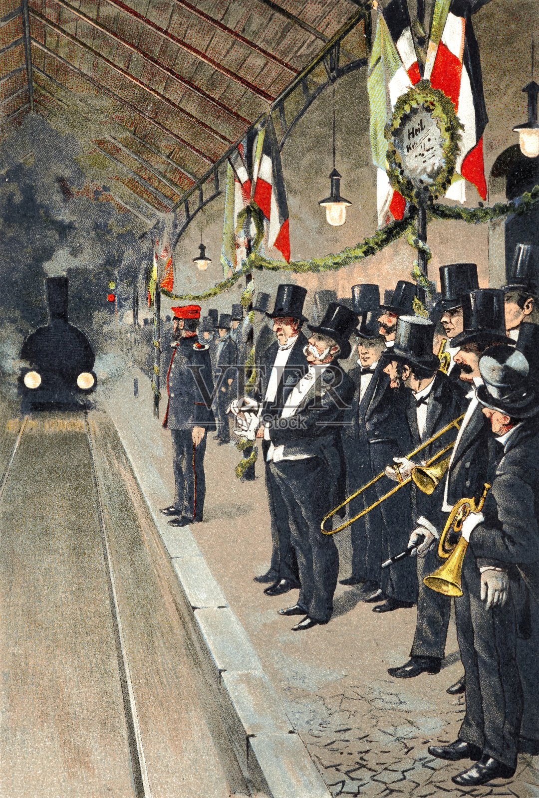 政要和铜管乐队在火车站等候一位国宾的到来插画图片素材