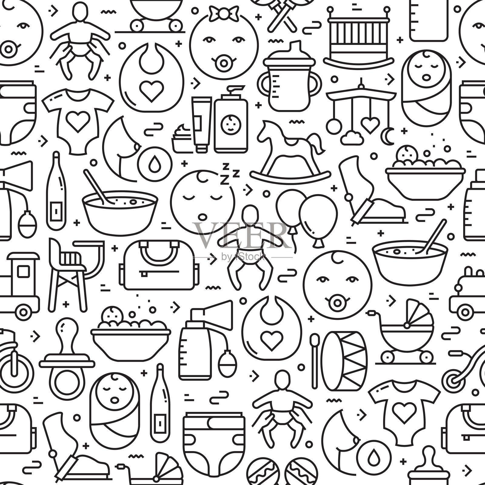婴儿生活和配件无缝模式和背景线图标。可编辑的中风插画图片素材