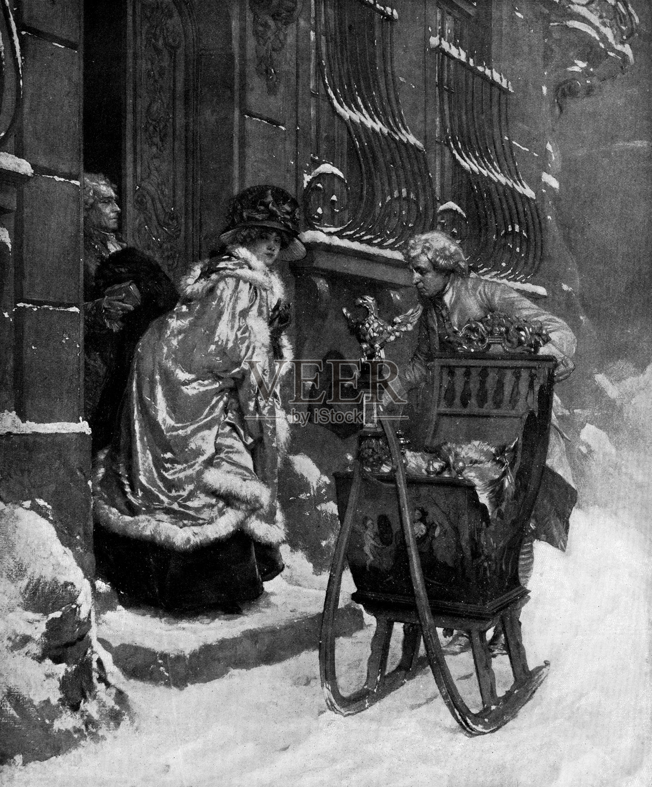 弗雷德里克·亨德里克·凯默尔的《冬日漫步，前往教堂》——19世纪插画图片素材