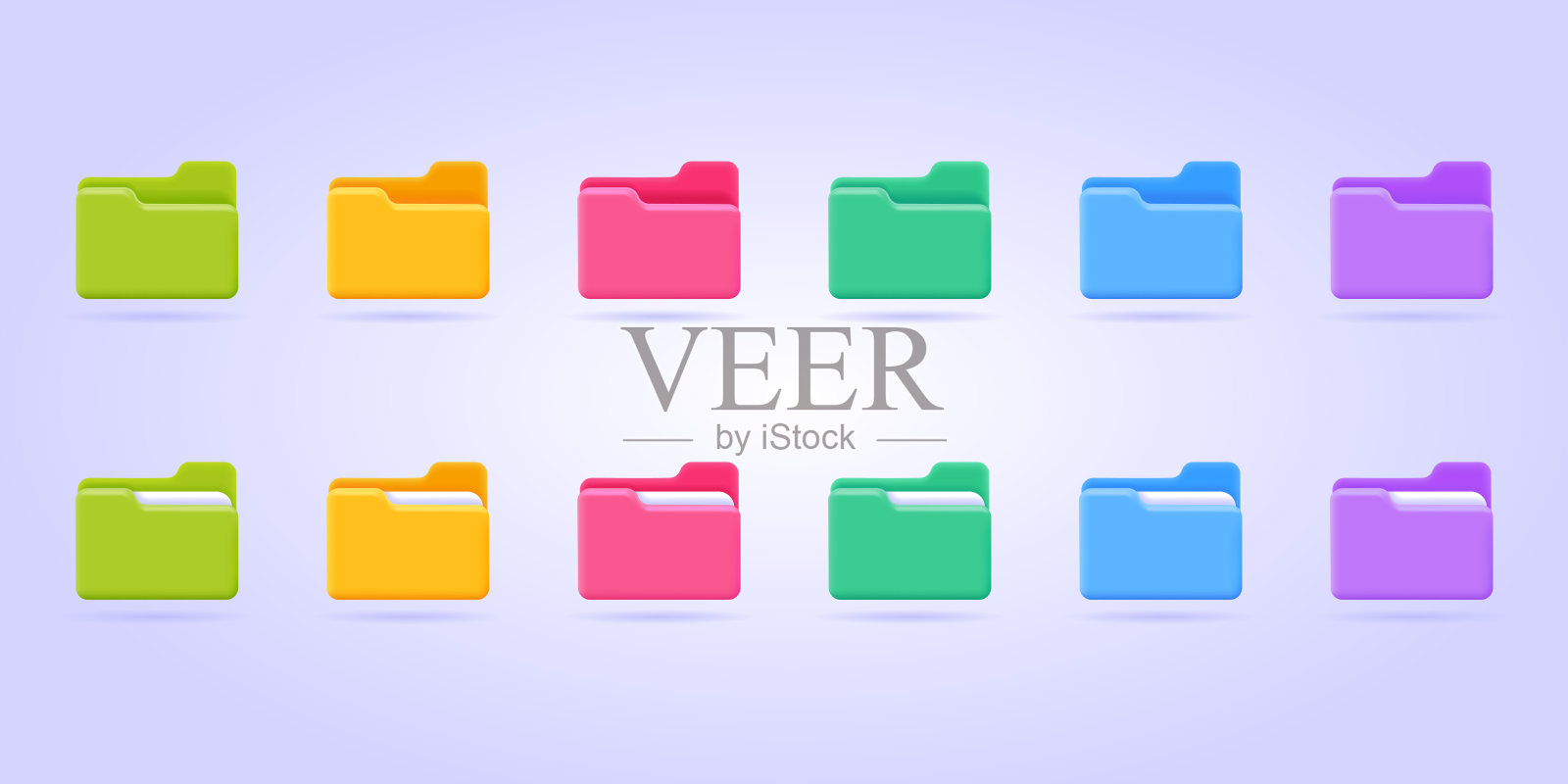 三维矢量图标收集绿色，粉红色，蓝色，紫色和黄色的电脑文件夹与纸质文件和空文件夹。用于应用的3d矢量插图。插画图片素材