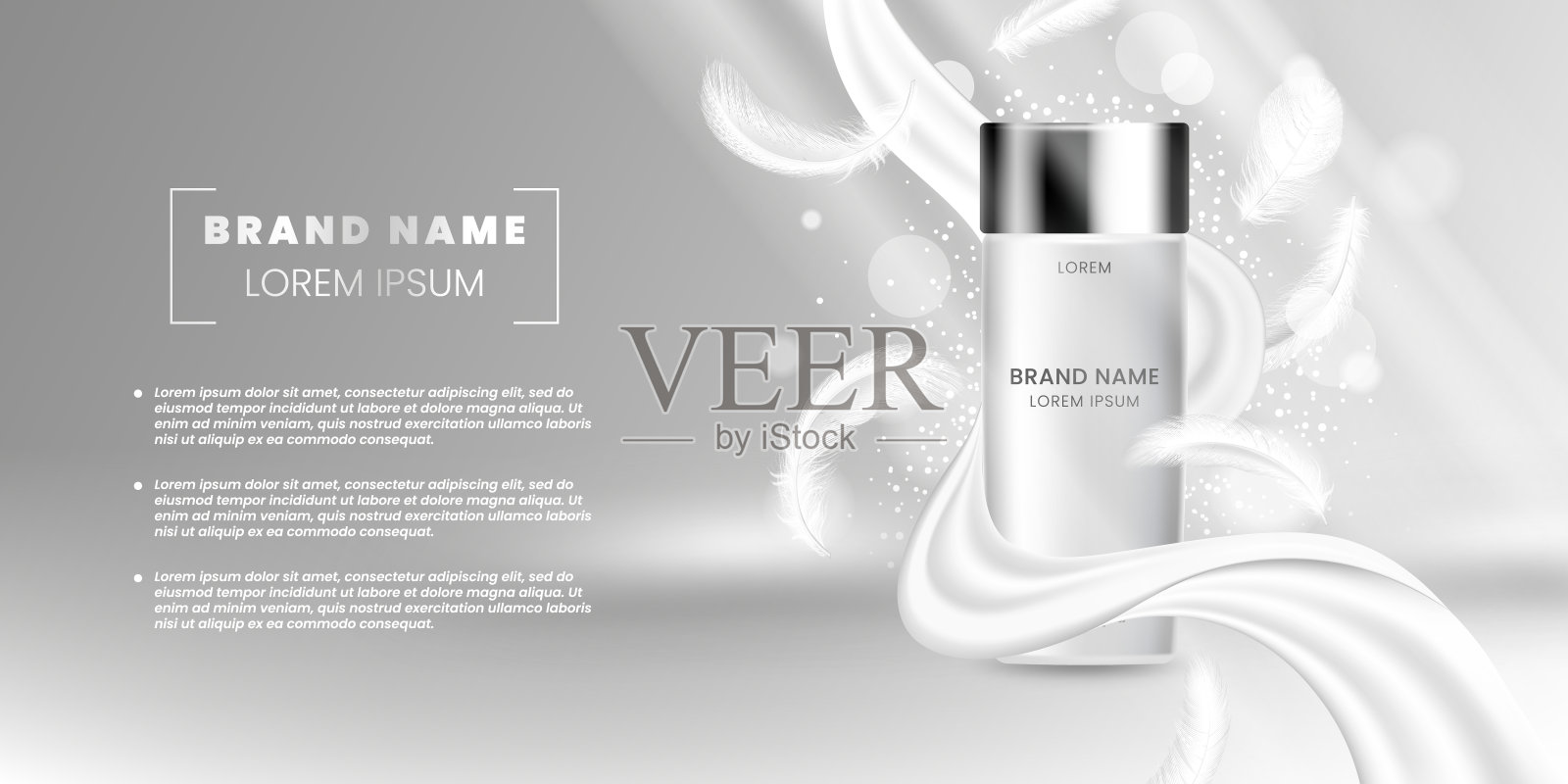 美容霜产品。溅起的牛奶和柔软的羽毛。白色的身体乳液体漩涡。3D优质面部美容包。广告横幅设计模板。矢量现实背景插画图片素材