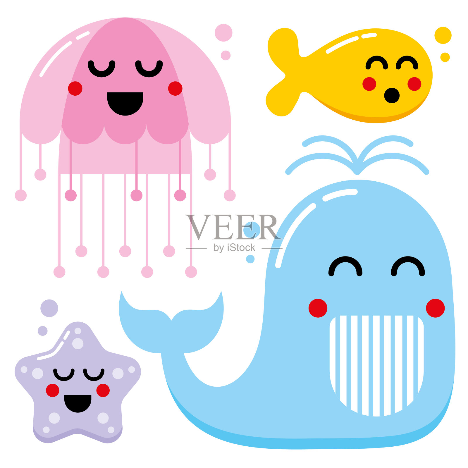 彩色海鱼。海洋中的卡通动物。快乐的鱼。鲸鱼，海星，水母，金鱼。海洋生物。向量的鱼。设计元素图片