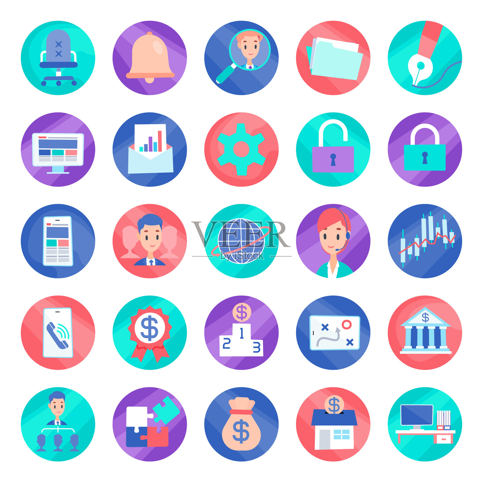 丰富多彩的商业和金融图标在圆形背景图标素材