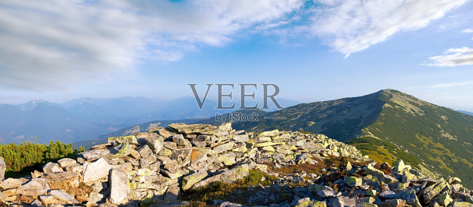 山地石质全景图(乌克兰喀尔巴阡山脉的戈尔甘尼地区)。照片摄影图片