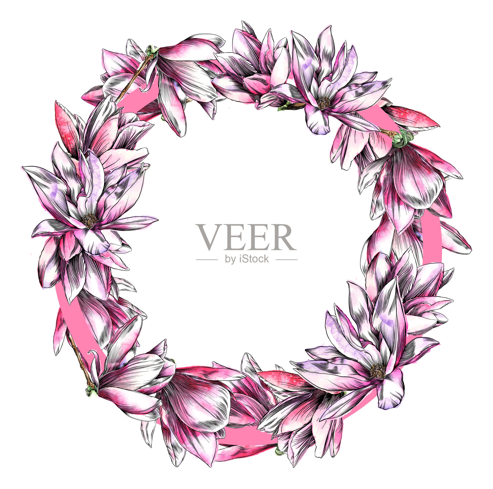 白玉兰花设计模板与水彩和钢笔和墨水元素插画图片素材