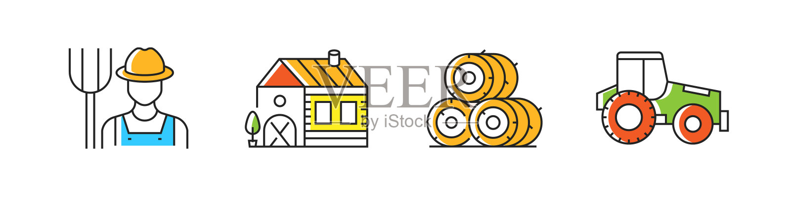农业和农业相关的矢量线图标。大纲符号集合插画图片素材