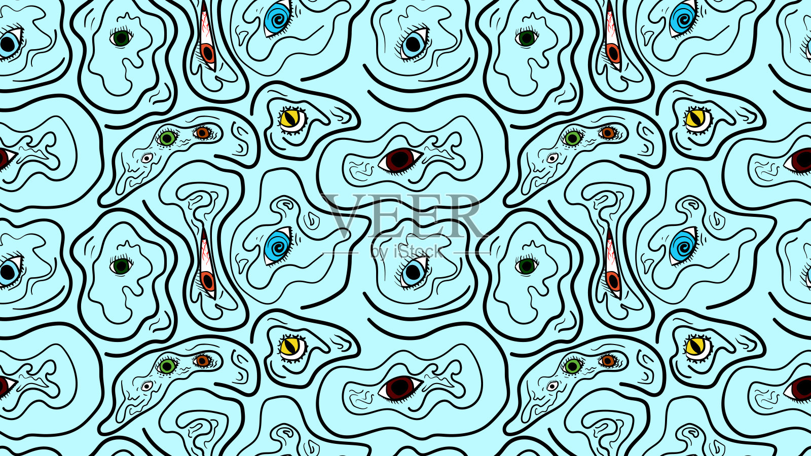 抽象超现实无缝手绘插图-眼睛和线条。插画图片素材