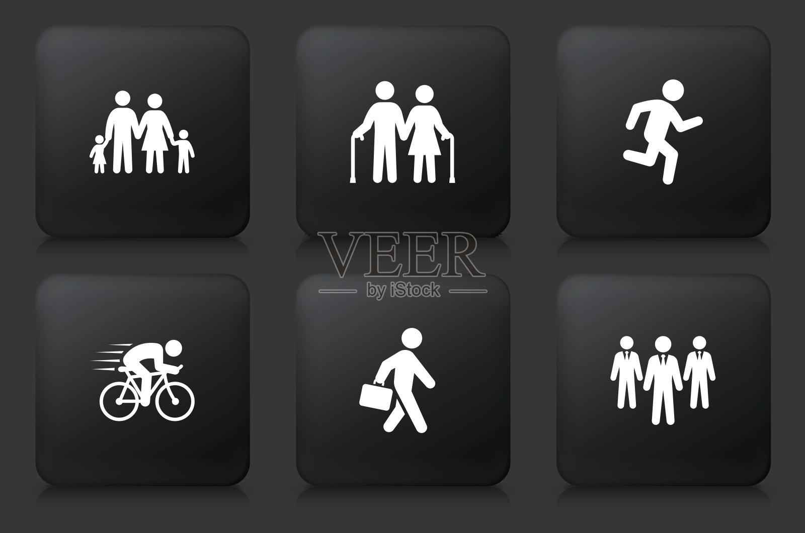 人们和现代生活图标设置在黑色的方形按钮图标素材