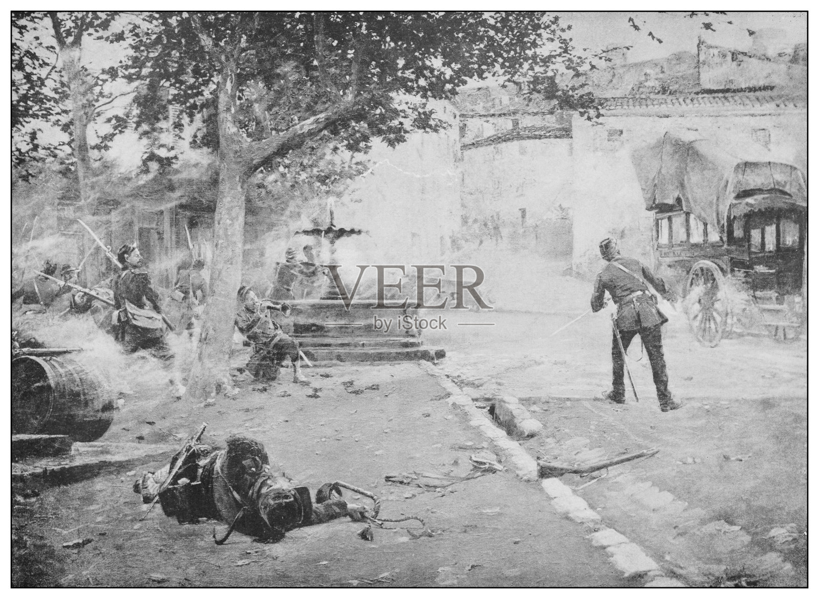 19世纪的古董名画:埃米尔·布蒂尼的乡村战斗插画图片素材