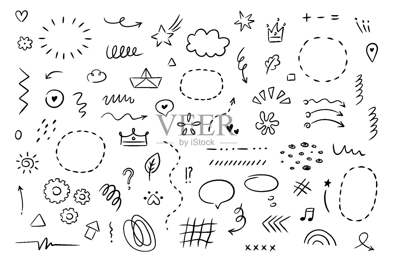 手绘简单元素集。素描下划线，图标，强调，语音气泡，箭头和形状。矢量插图隔离在白色背景上。插画图片素材