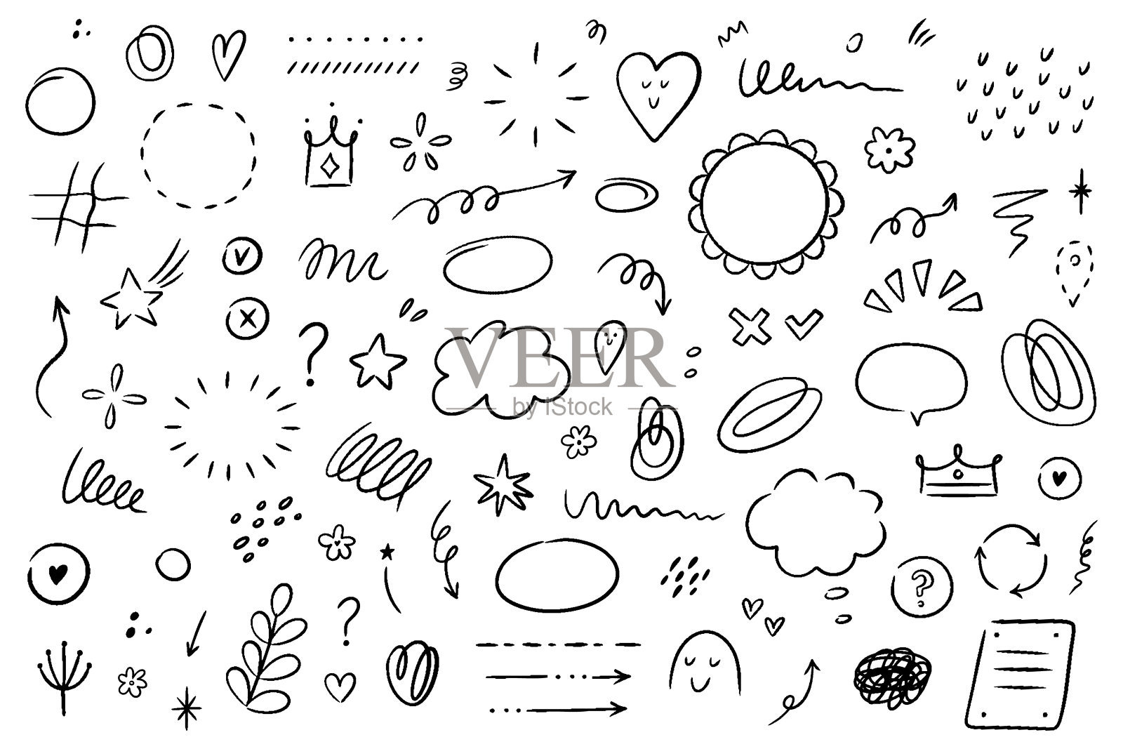 手绘简单元素集。素描下划线，图标，强调，语音气泡，箭头和形状。矢量插图隔离在白色背景上。插画图片素材