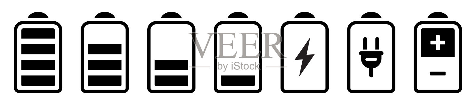 电池图标设置。电池充电充电指示灯图标。水平电池能量。碱性电池容量充电图标。扁平风格-股票矢量。图标素材