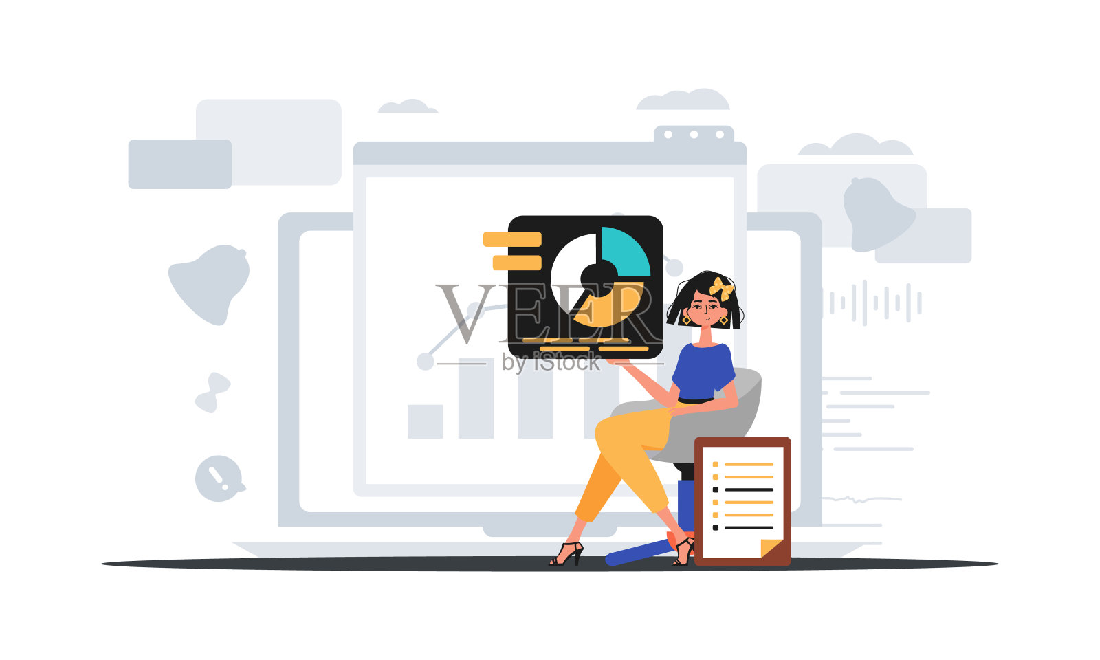 女孩坐在椅子上，手里拿着一张统计图表。数字化商业化概念。时尚的风格，矢量插图插画图片素材