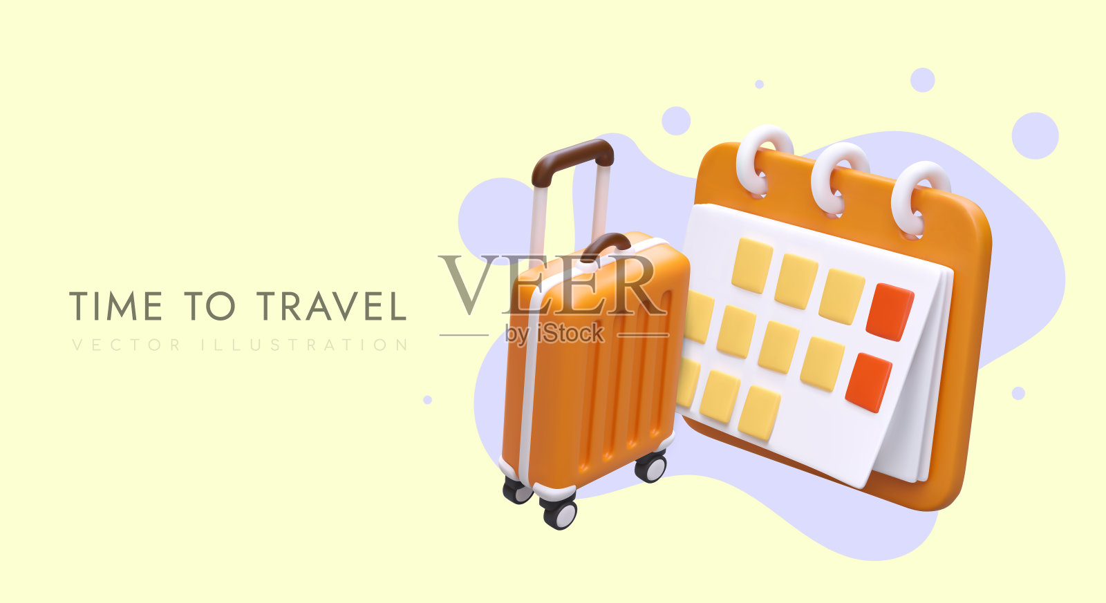 是时候环游世界了。橡皮泥风格的旅行箱和日历插画图片素材