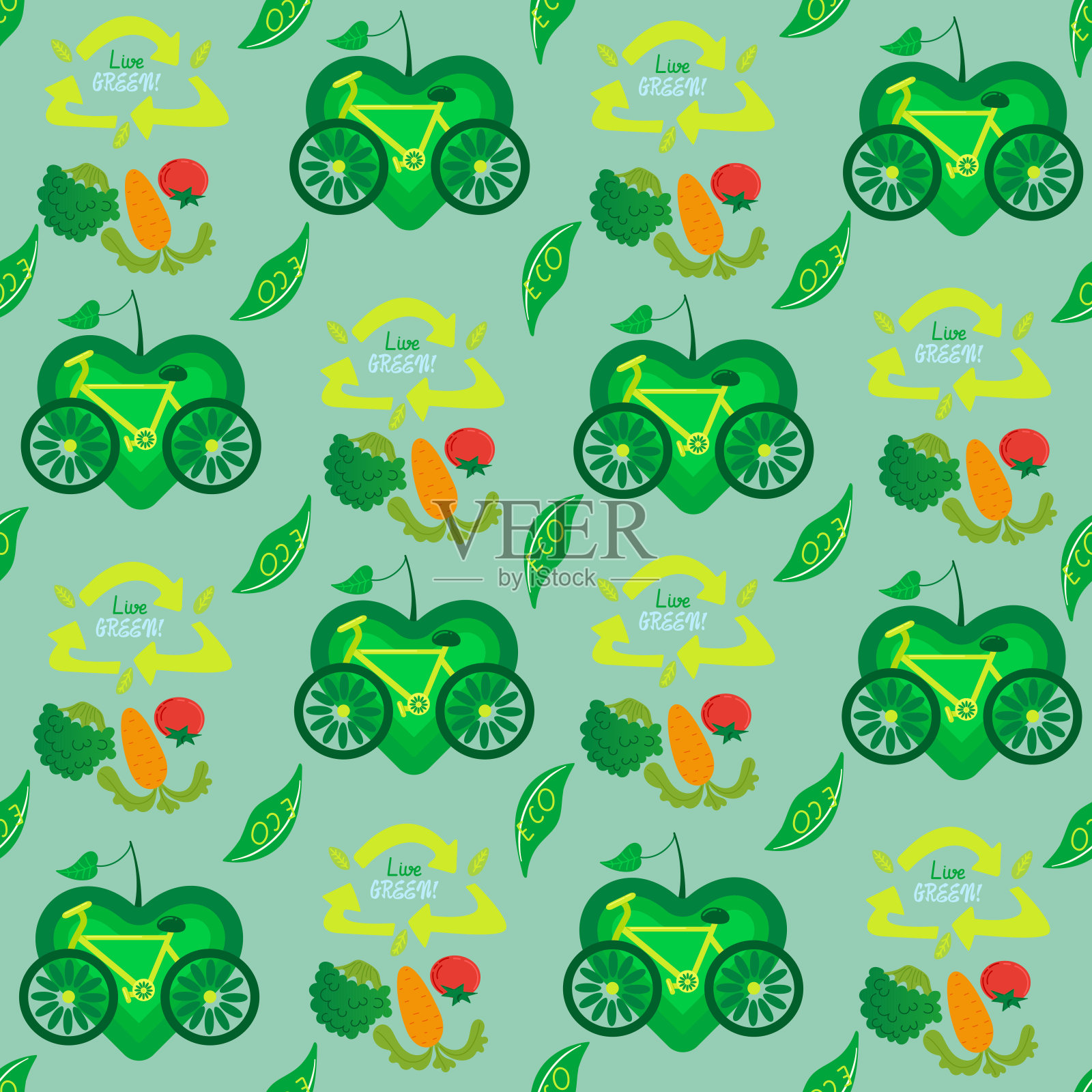 无塑料，绿色环保，零浪费的理念。减量、再利用、垃圾、循环、腐烂——生态生活方式，可持续发展。平面手绘风格插图无缝图案矢量绘制。插画图片素材