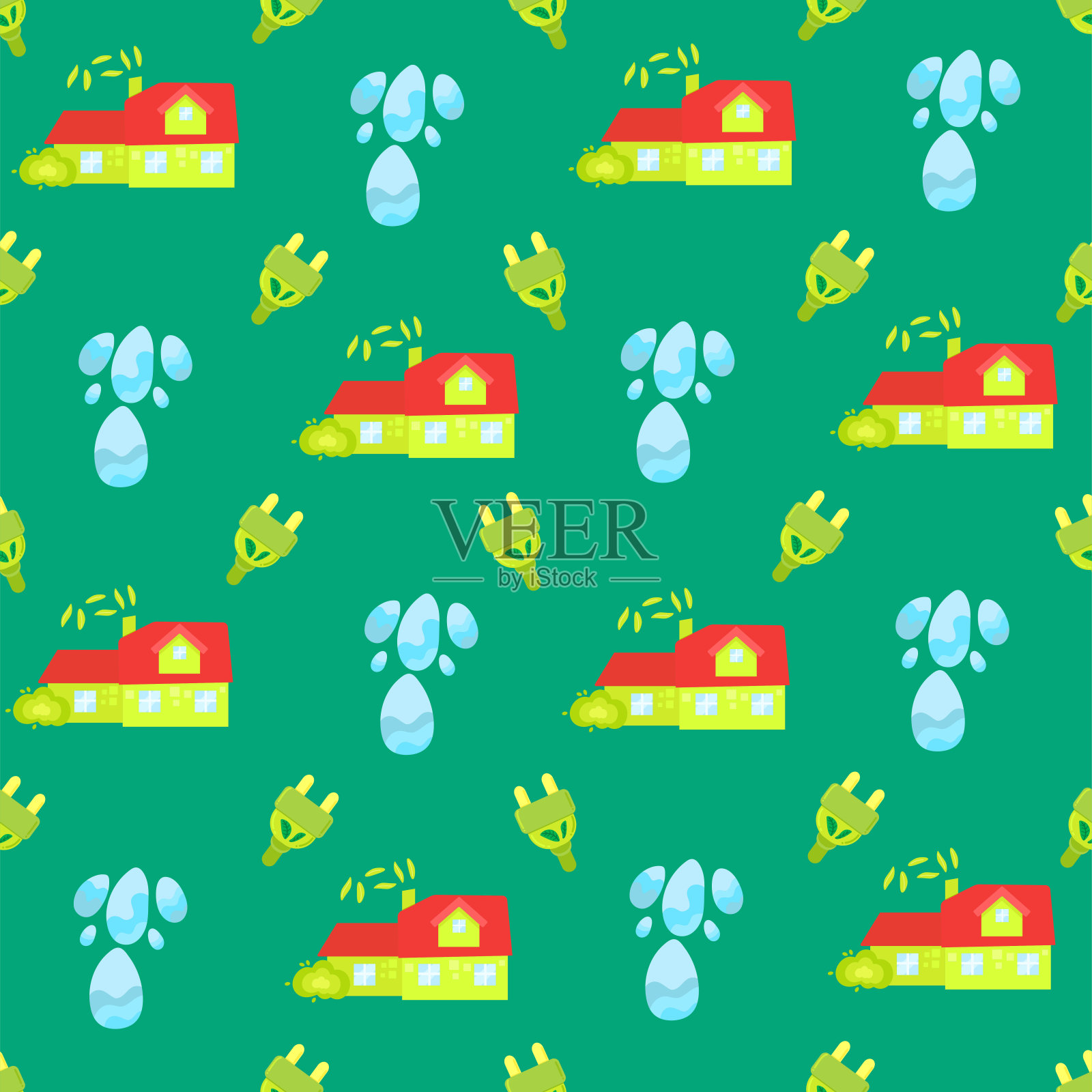 无塑料，绿色环保，零浪费的理念。减量、再利用、垃圾、循环、腐烂——生态生活方式，可持续发展。平面手绘风格插图无缝图案矢量绘制。插画图片素材