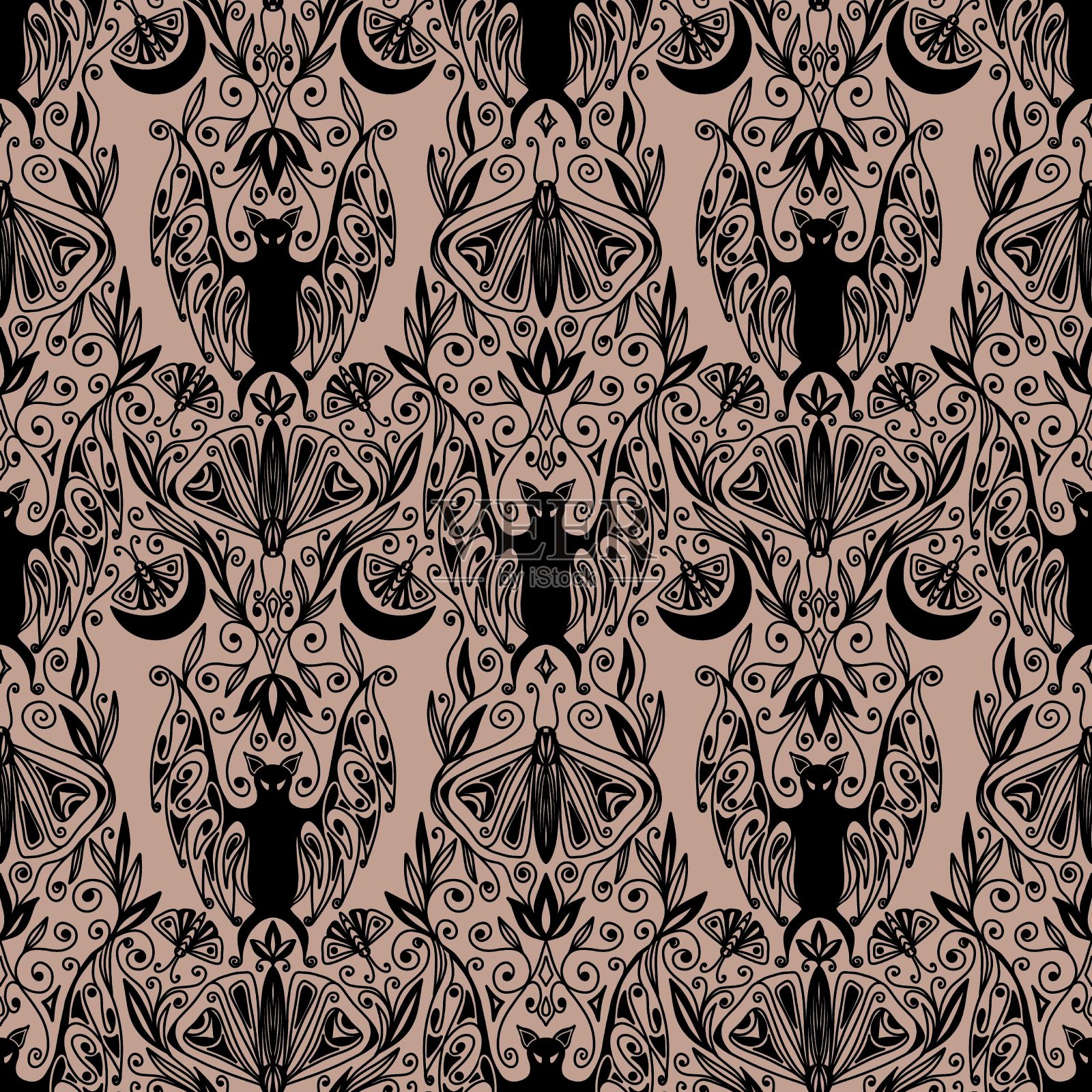 在米色背景上的哥特式风格的蝙蝠和飞蛾无缝图案插画图片素材