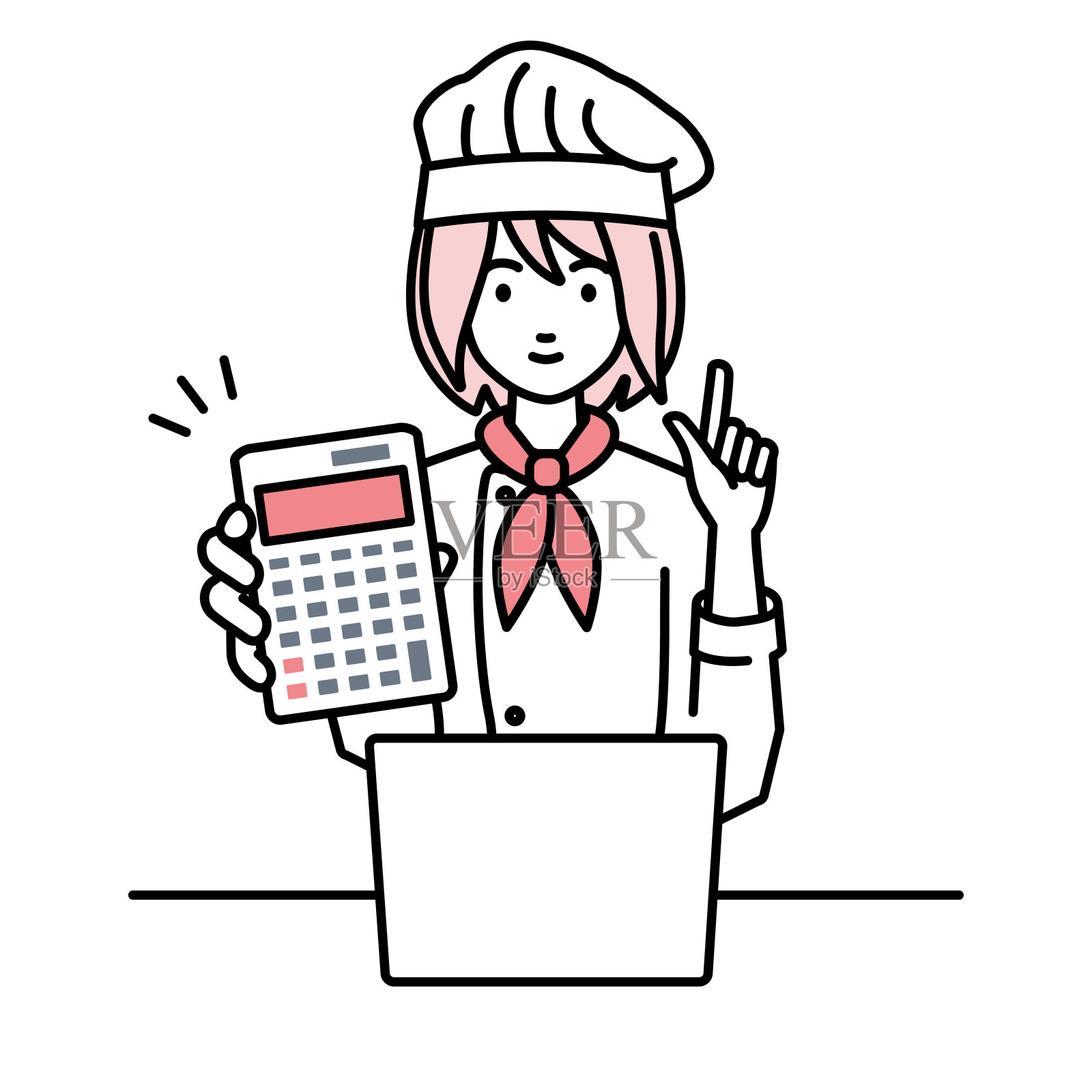 一位女厨师在笔记本电脑前微笑着推荐、提议、展示估价并指着计算器插画图片素材