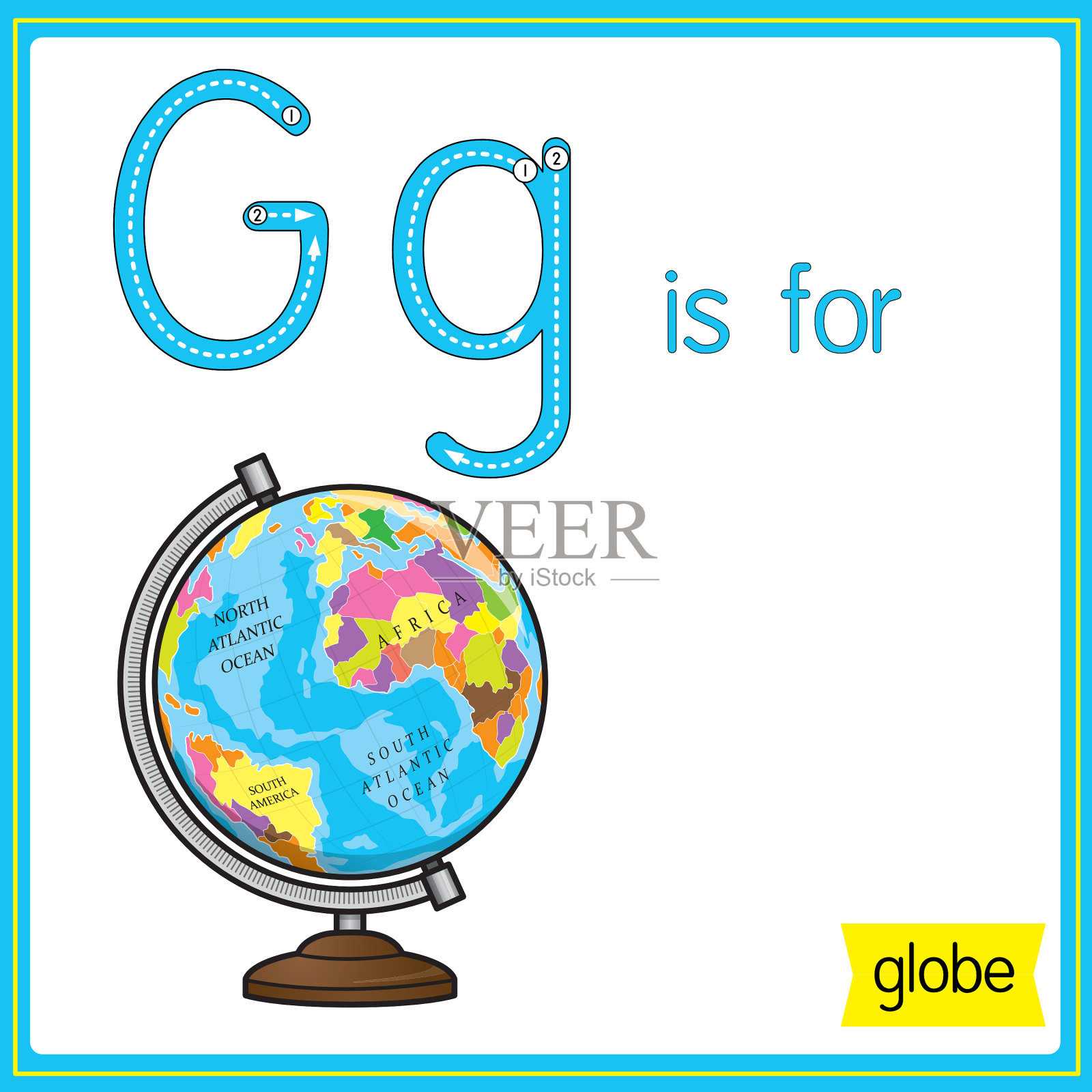 矢量插图学习字母为儿童与卡通形象。字母G代表地球仪。设计元素图片