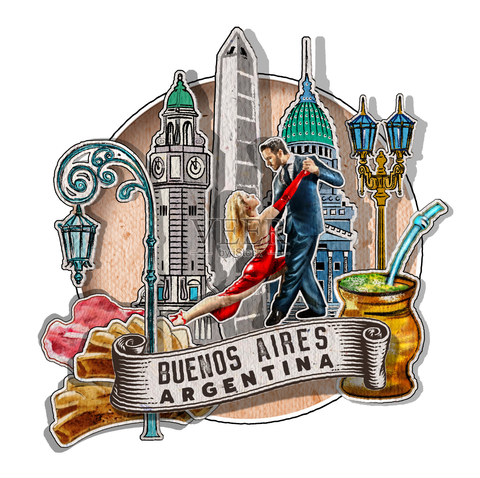 阿根廷布宜诺斯艾利斯有重要的建筑和标志插画图片素材