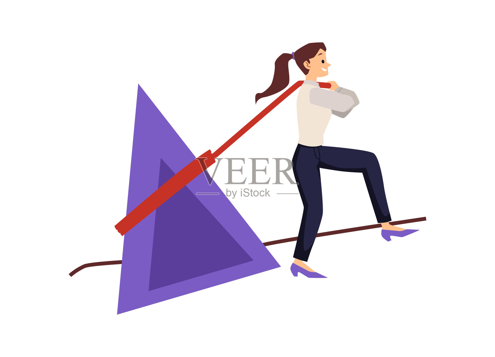 精力充沛的女人推紫三角石、巨石。女商人克服挑战走向成功，矢量平面插图孤立在白色背景。插画图片素材