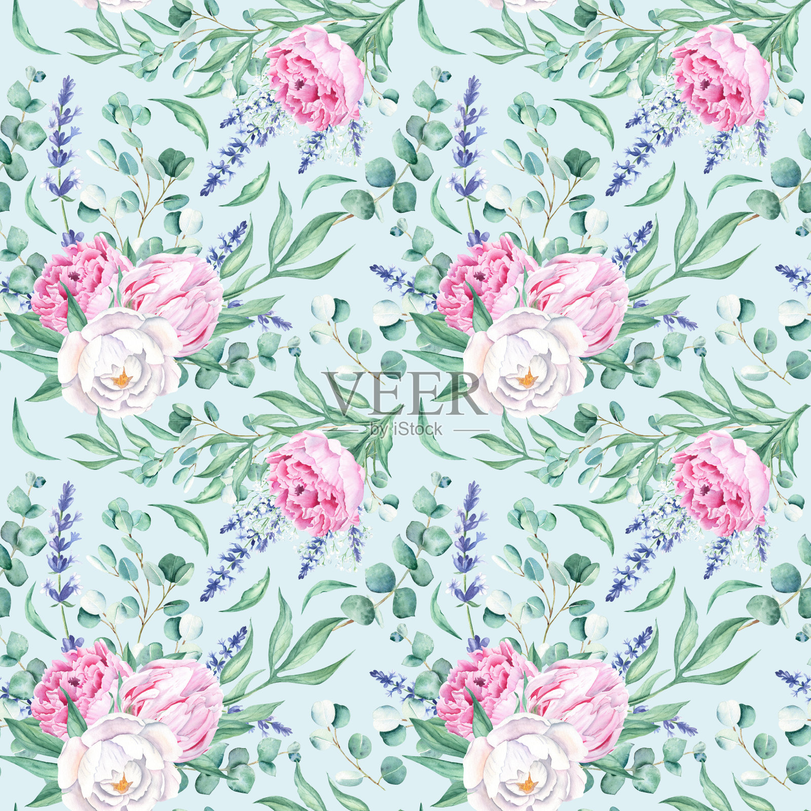 无缝水彩图案与白色和粉红色的牡丹，桉树和薰衣草树枝在蓝色的背景。可用于婚礼印花、礼品包装纸、厨房纺织品及织物印花。插画图片素材