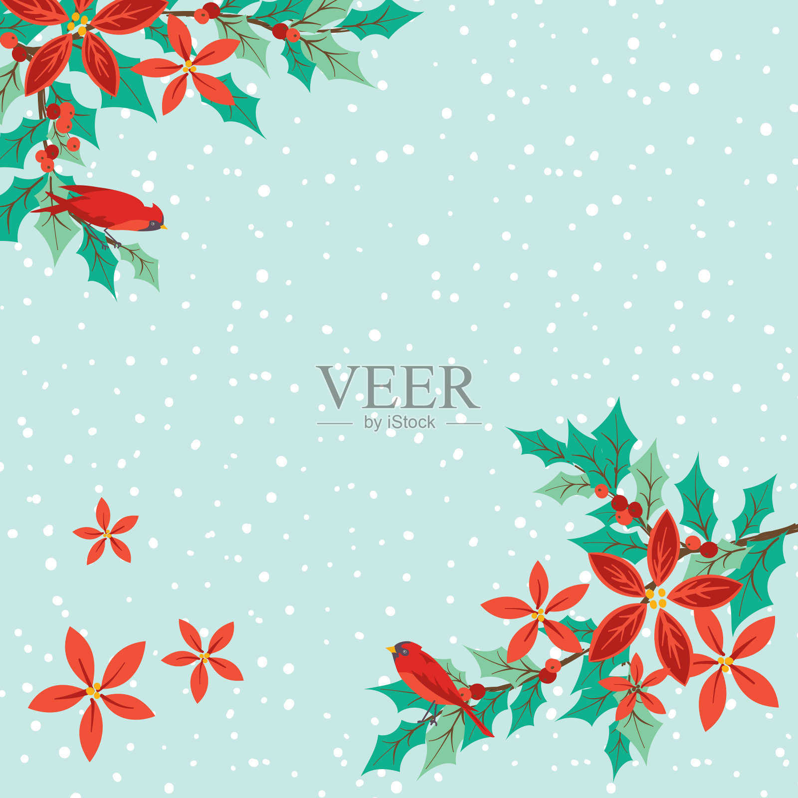 圣诞背景与冬青和红雀在一个粉彩雪花基地插画图片素材
