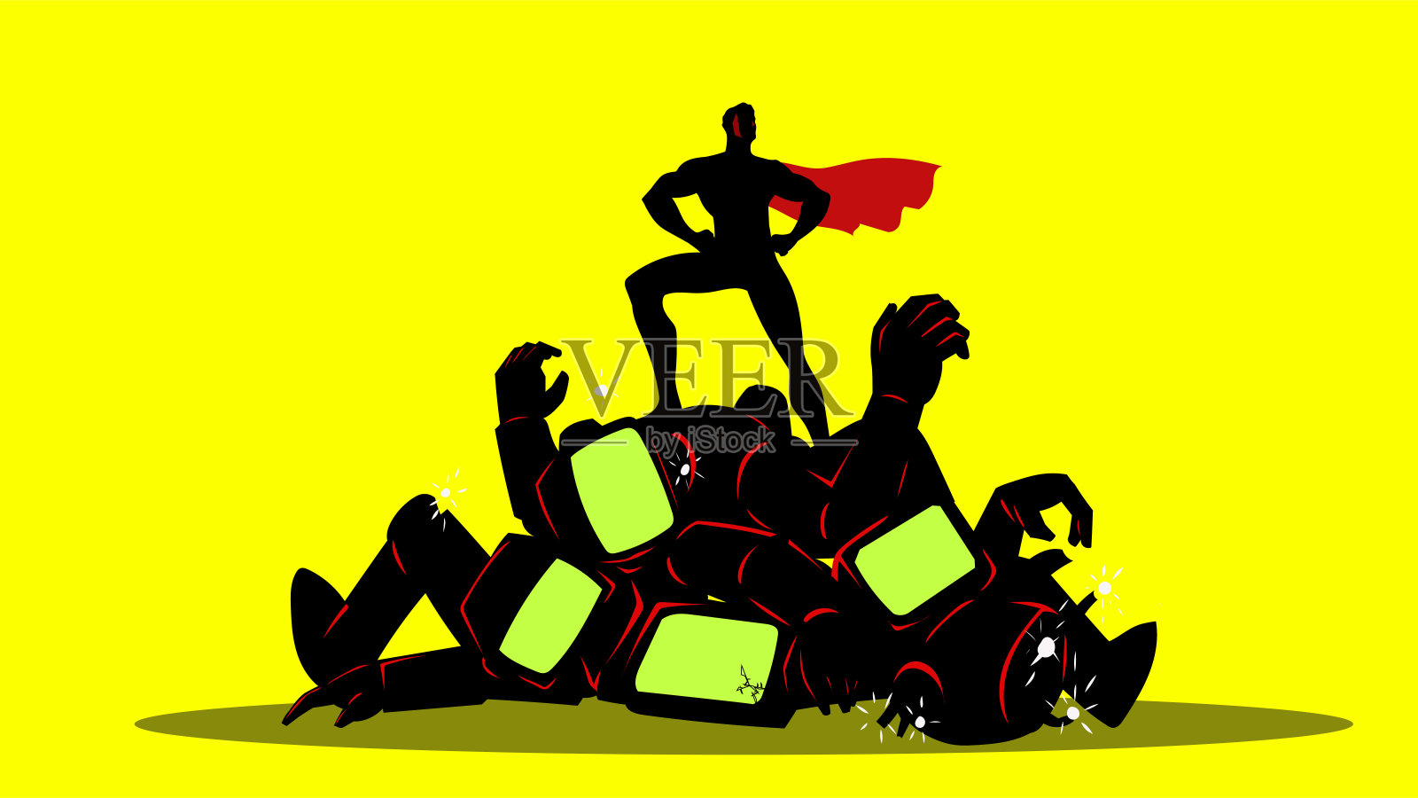 矢量超级英雄站在一堆被打败的机器人上插画图片素材