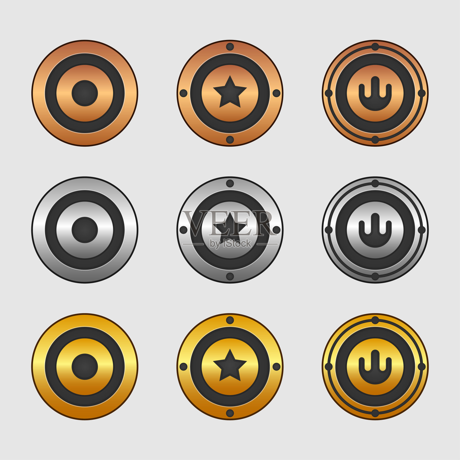 图标设置为等距游戏元素，彩色孤立矢量插图的圆形游戏排名奖牌抽象的平面游戏概念设计元素图片