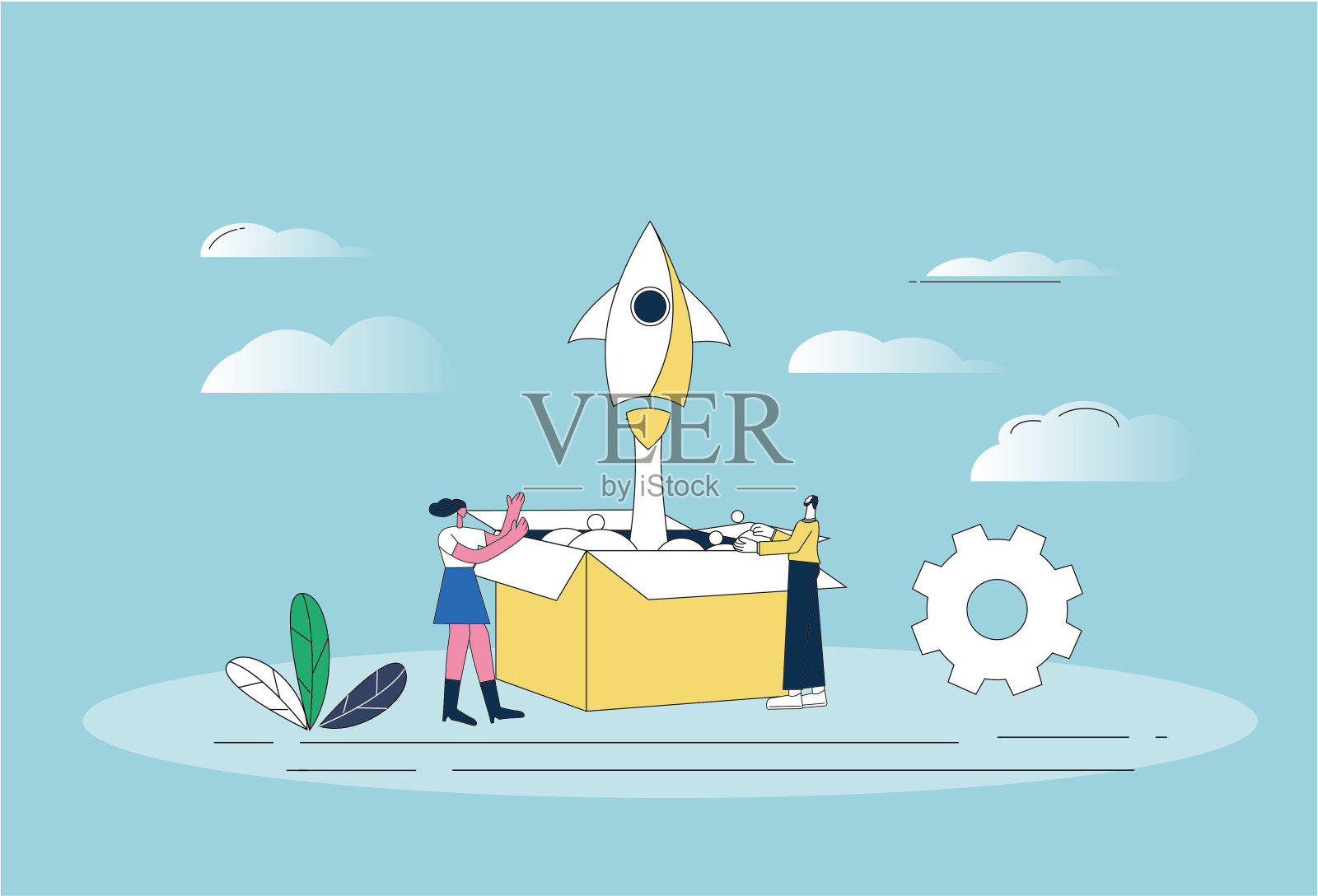 两个白领打开盒子，飞出了火箭。插画图片素材