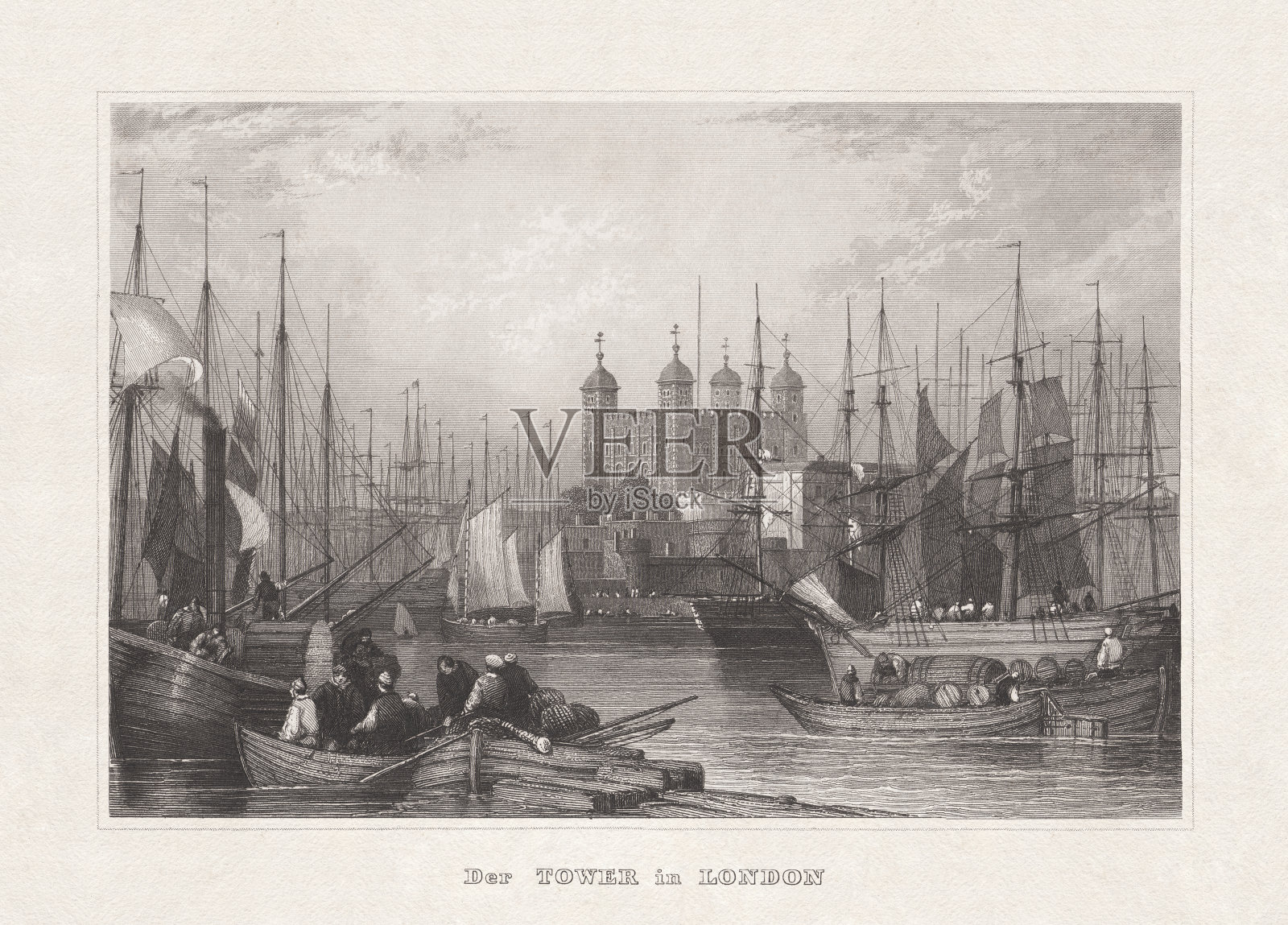 英国伦敦塔，钢版画，出版于1857年插画图片素材