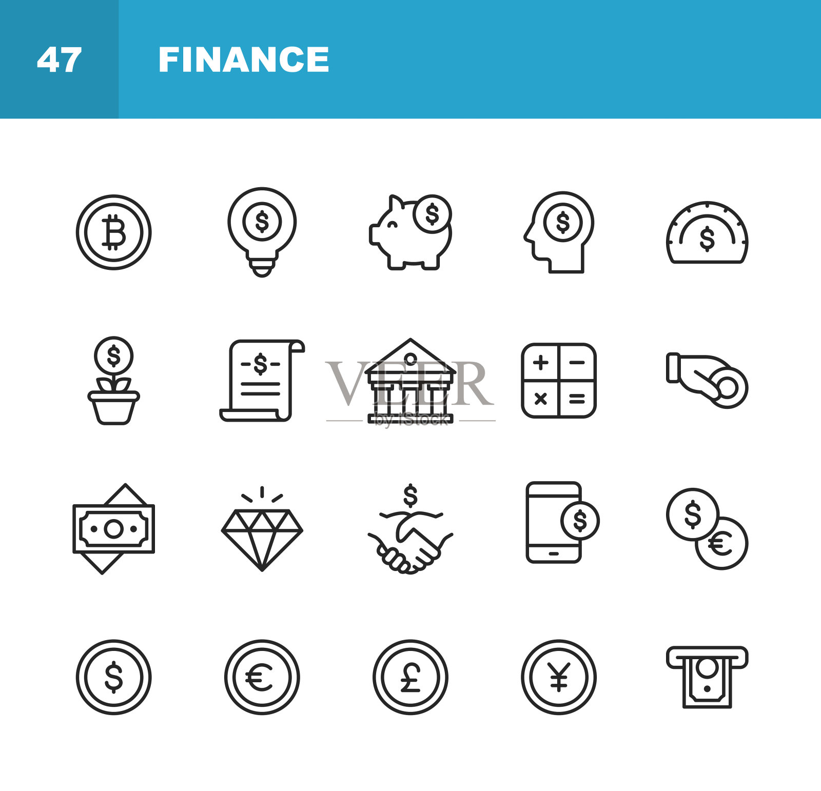 金融和银行线路图标。可编辑的中风。像素完美。移动和网络。包含货币，金融，银行，硬币，图表，加密货币，比特币，小猪银行，银行，钻石等图标。图标素材