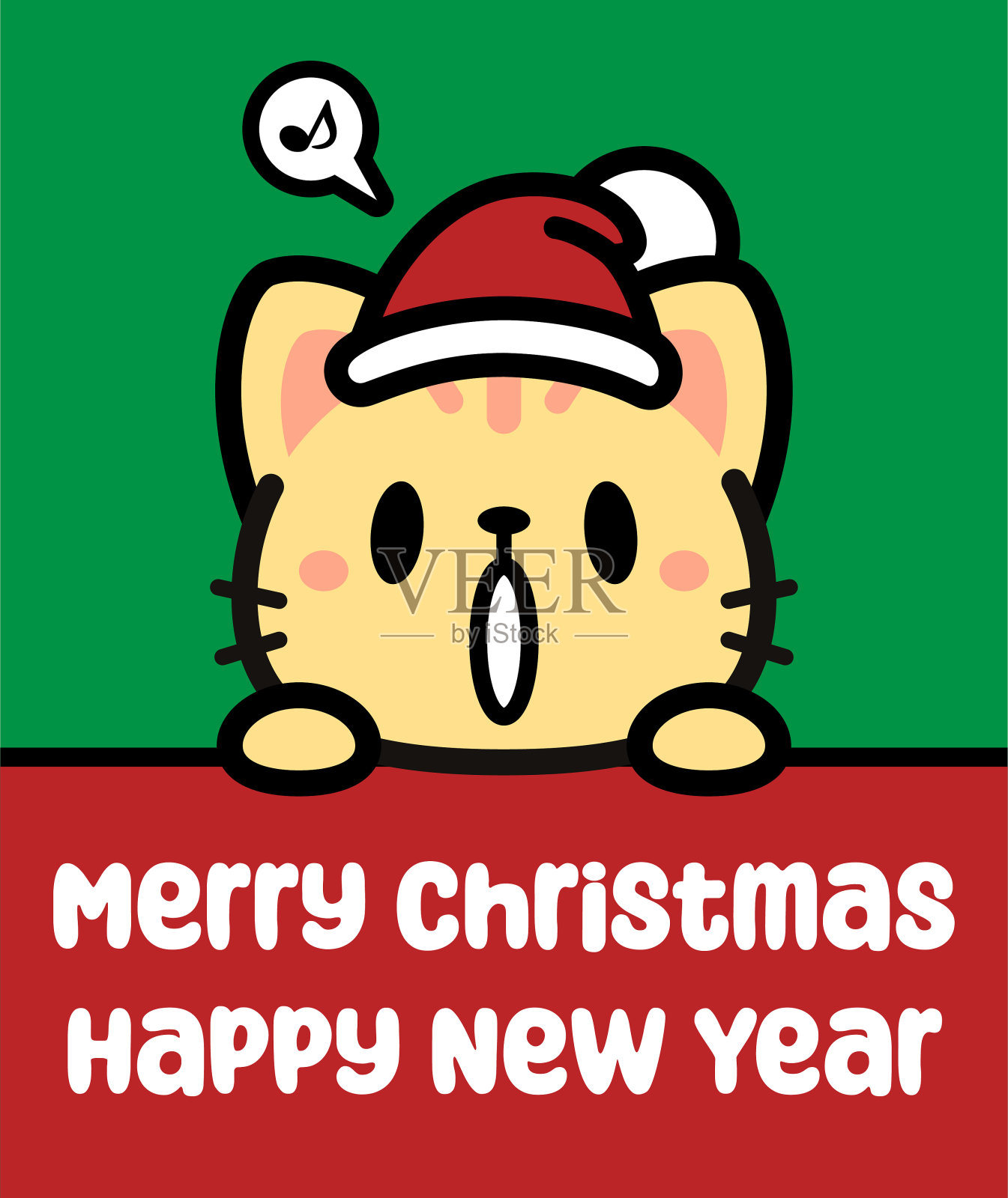 一只可爱的猫戴着圣诞帽，举着牌子，祝你圣诞快乐，新年快乐插画图片素材