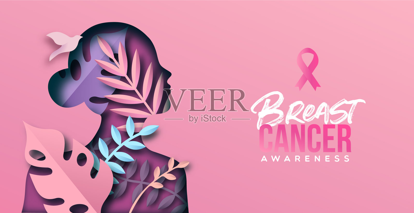 乳腺癌意识粉红剪纸女孩横幅插画图片素材