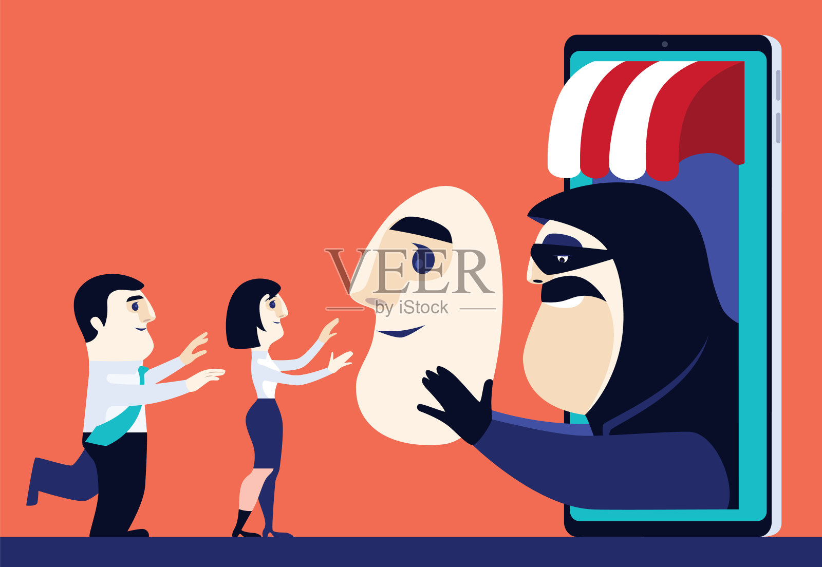 商业夫妇会见黑客通过智能手机在线商店插画图片素材