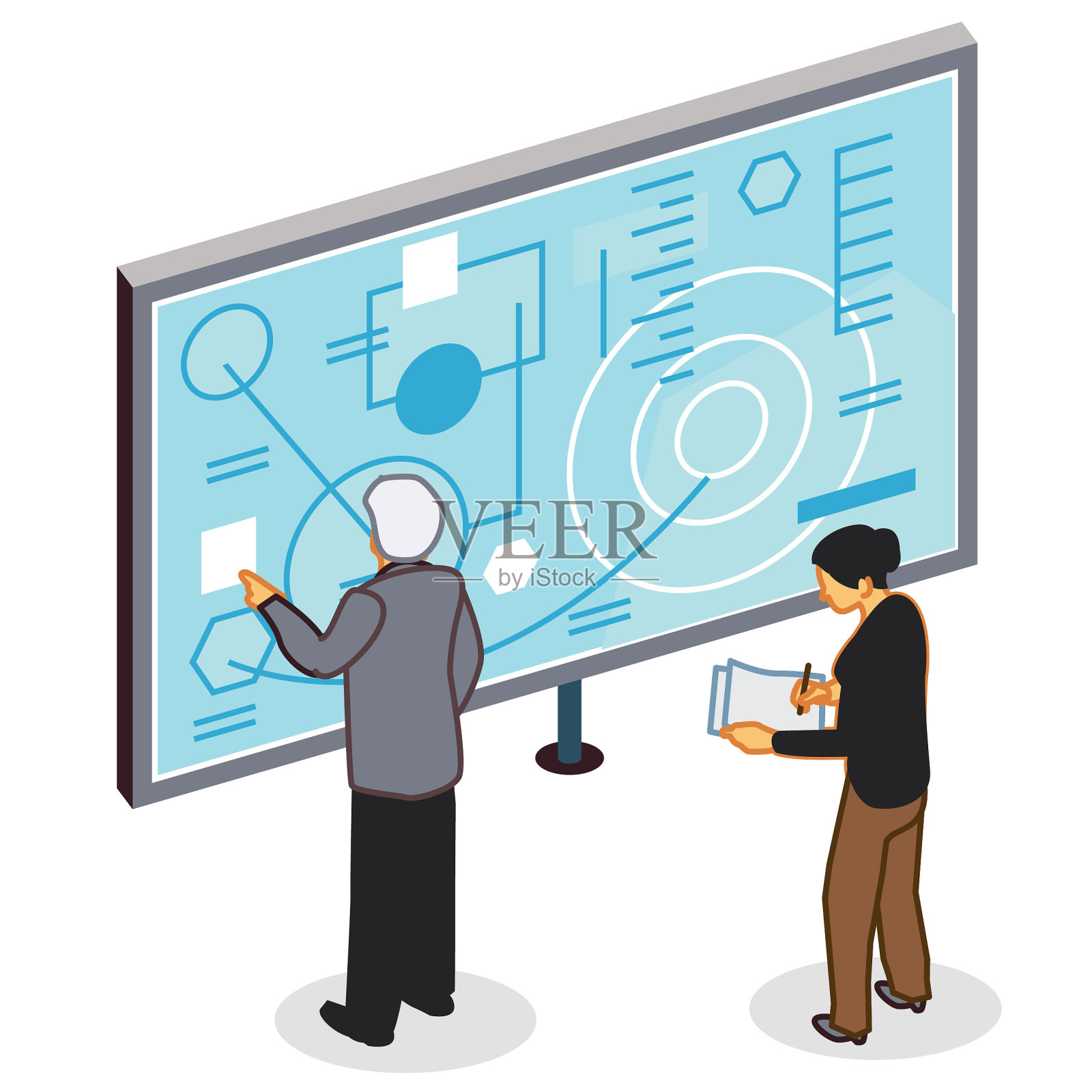 女老板在电脑屏幕上分析数据，女老板在做笔记插画图片素材