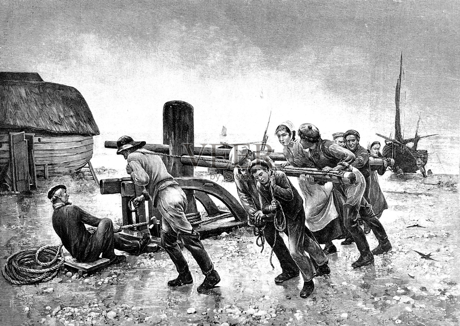 工作的人:用绞车拖船插画图片素材