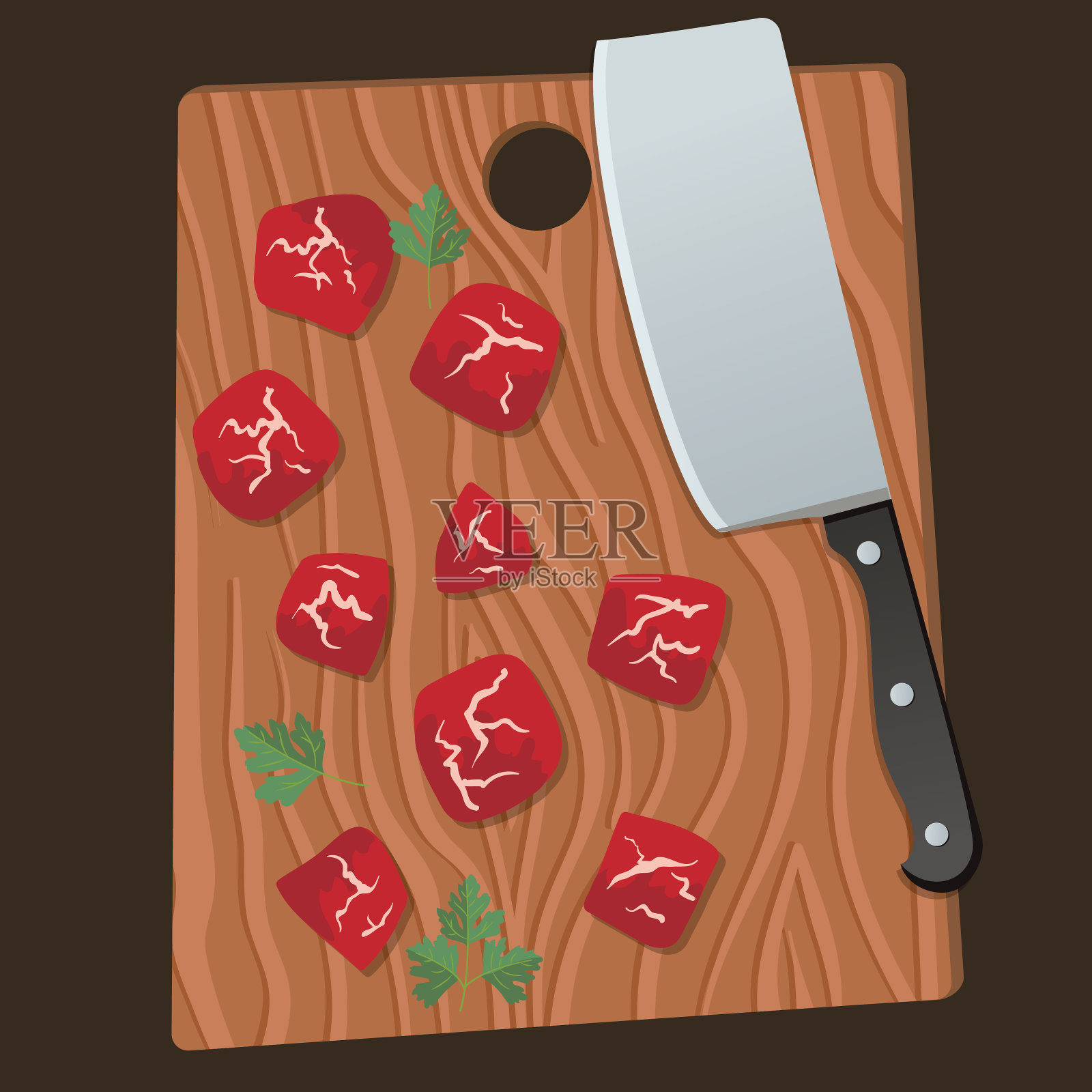 木制砧板与牛肉块插画图片素材