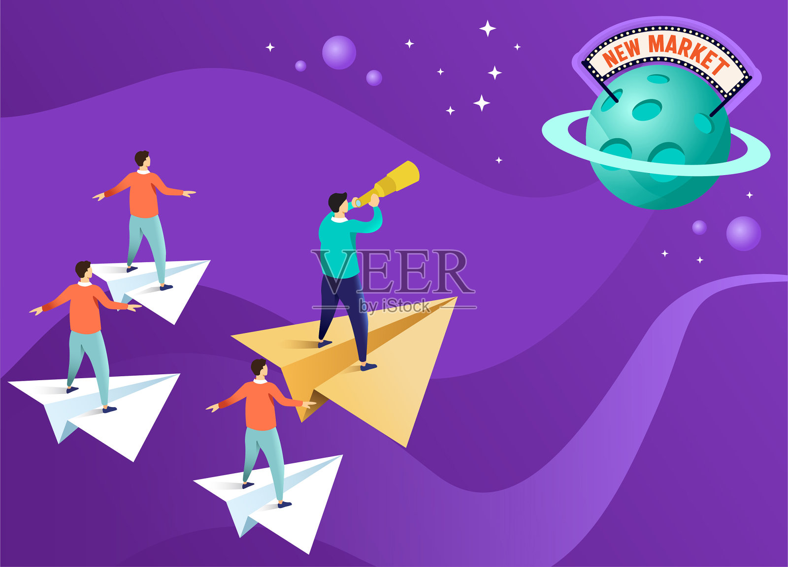站在飞向太空的纸飞机上的商人们插画图片素材