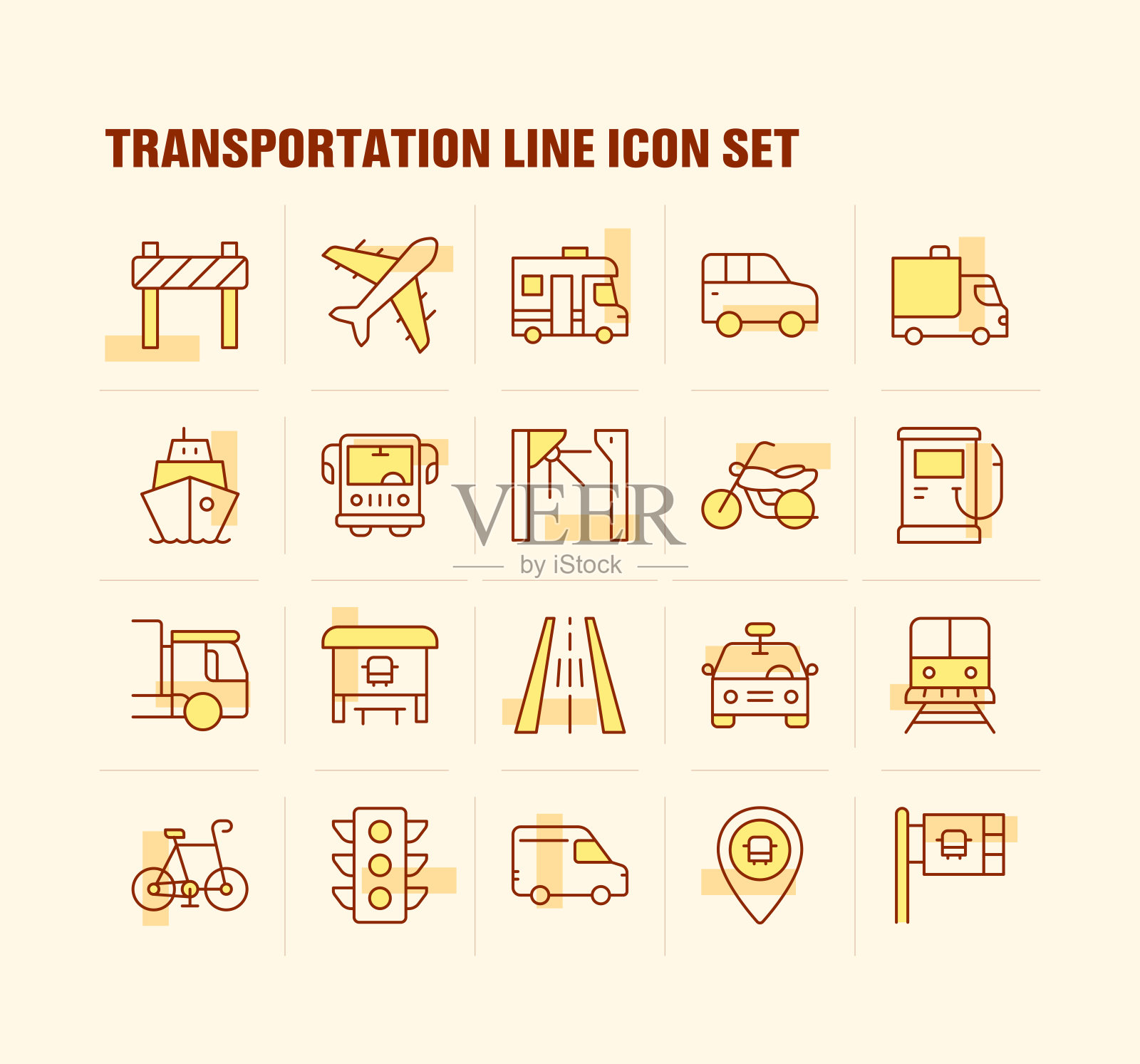 采购产品运输，出租车，飞机，交通灯，卡车，道路工程图标插画图片素材