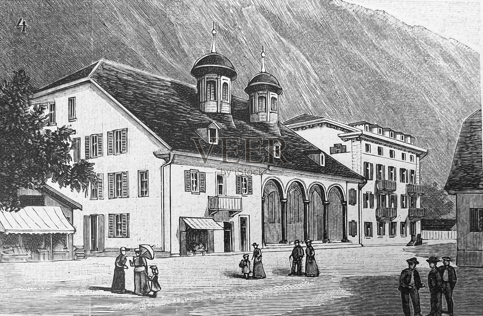 Leukerbad，瑞士的水疗中心，典型的房子插画图片素材