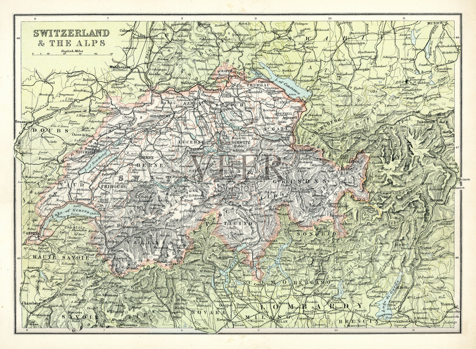 瑞士和阿尔卑斯山的古老地图插画图片素材