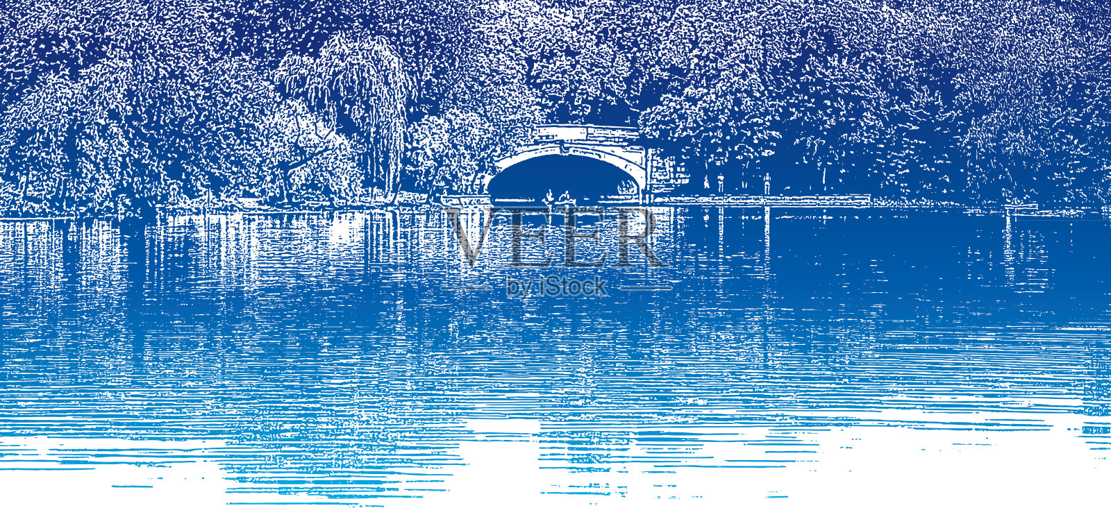 湖，桥和独木舟插画图片素材