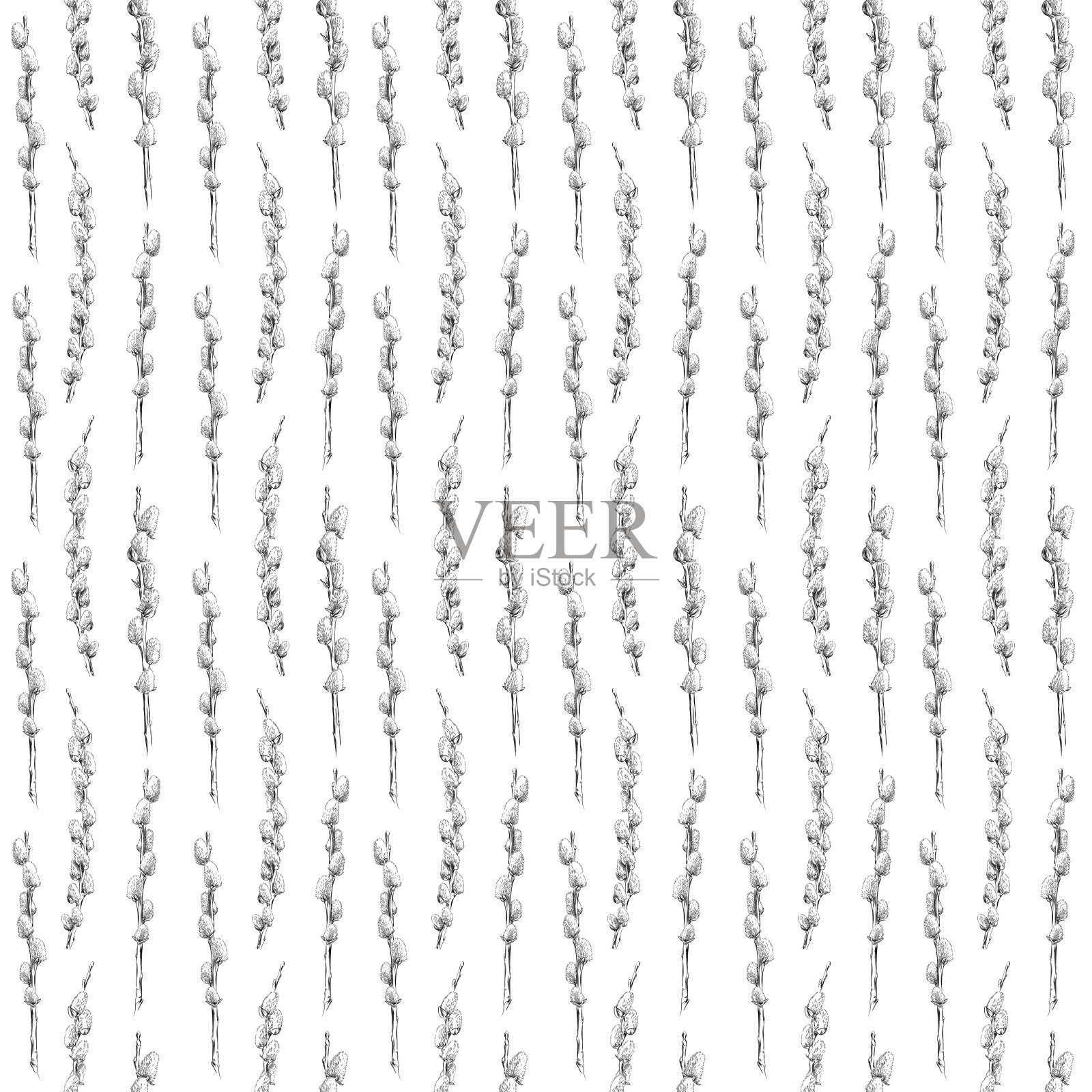 猫咪柳笔和墨水绘制无缝模式-矢量EPS10插画图片素材