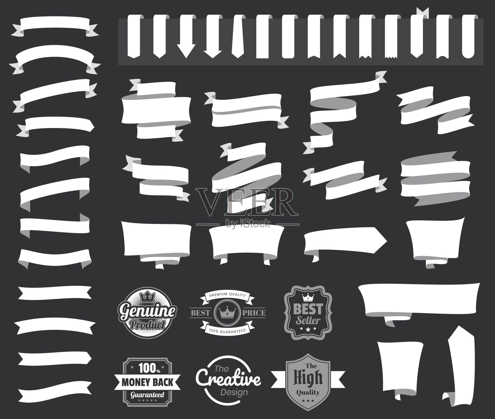 一套白色丝带，横幅，徽章，标签-黑色背景上的设计元素插画图片素材