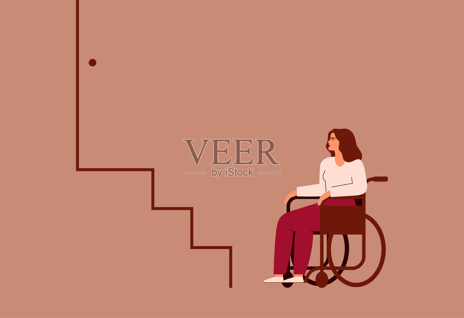 坐轮椅的残疾妇女站在楼梯附近。行动不便的女性没有坡道就爬不了楼梯。向量插画图片素材