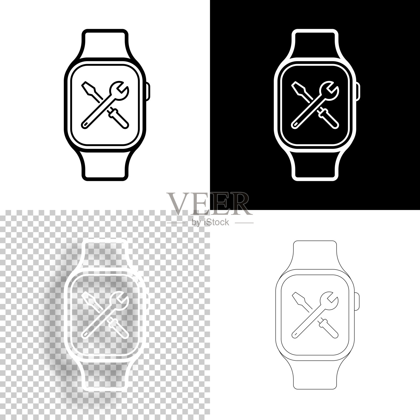 智能手表设置-工具。图标设计。空白，白色和黑色背景-线图标插画图片素材