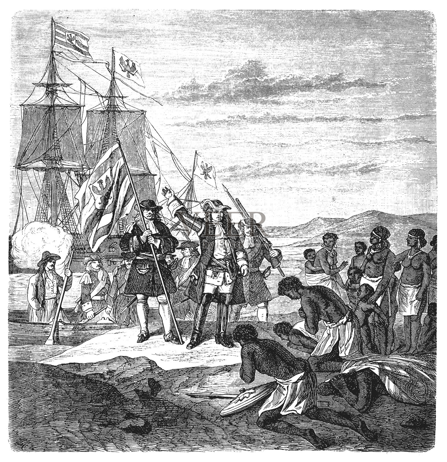 弗雷德里克·威廉，1620年2月16日- 1688年7月9日，“伟大的选民”勃兰登堡登陆在几内亚插画图片素材