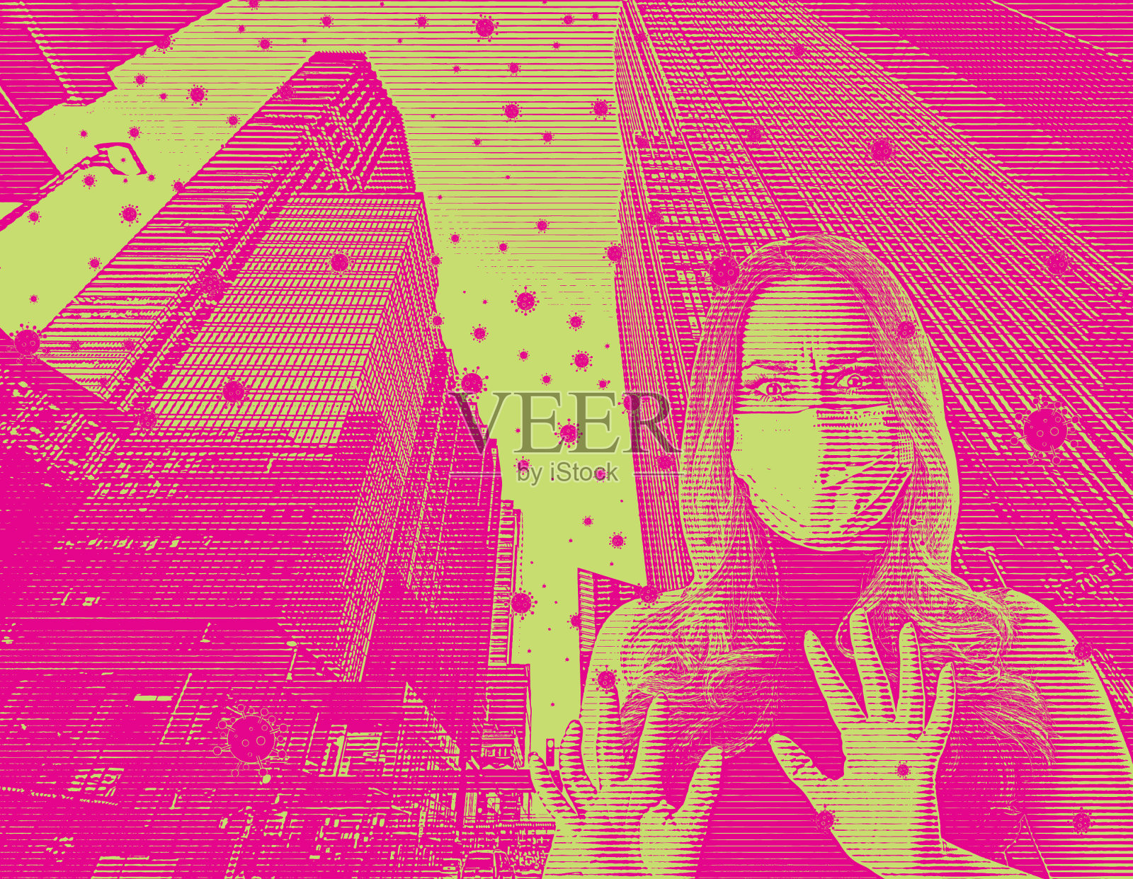 焦虑的妇女和空无一人的城市街道，空气中漂浮着COVID-19病毒插画图片素材